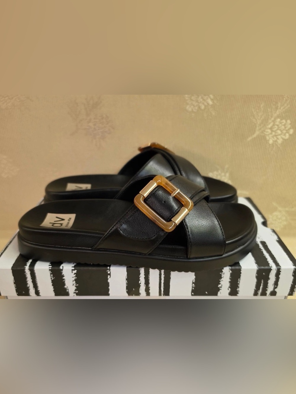 DV Dolce Vita Usha Black Slide Sandals Tortoise Buckle Platform Shoes US 8 M